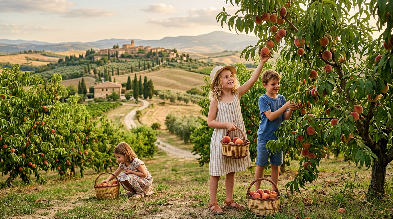 Bambini in un agriturismo toscano che raccolgono la frutta in un frutteto tra le colline