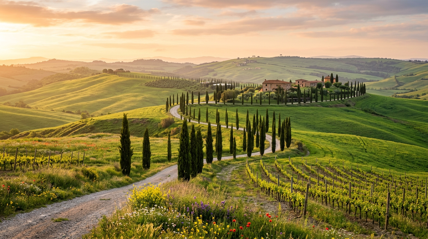 Colline toscane in primavera con cipressi e vigneti nella luce dorata del mattino