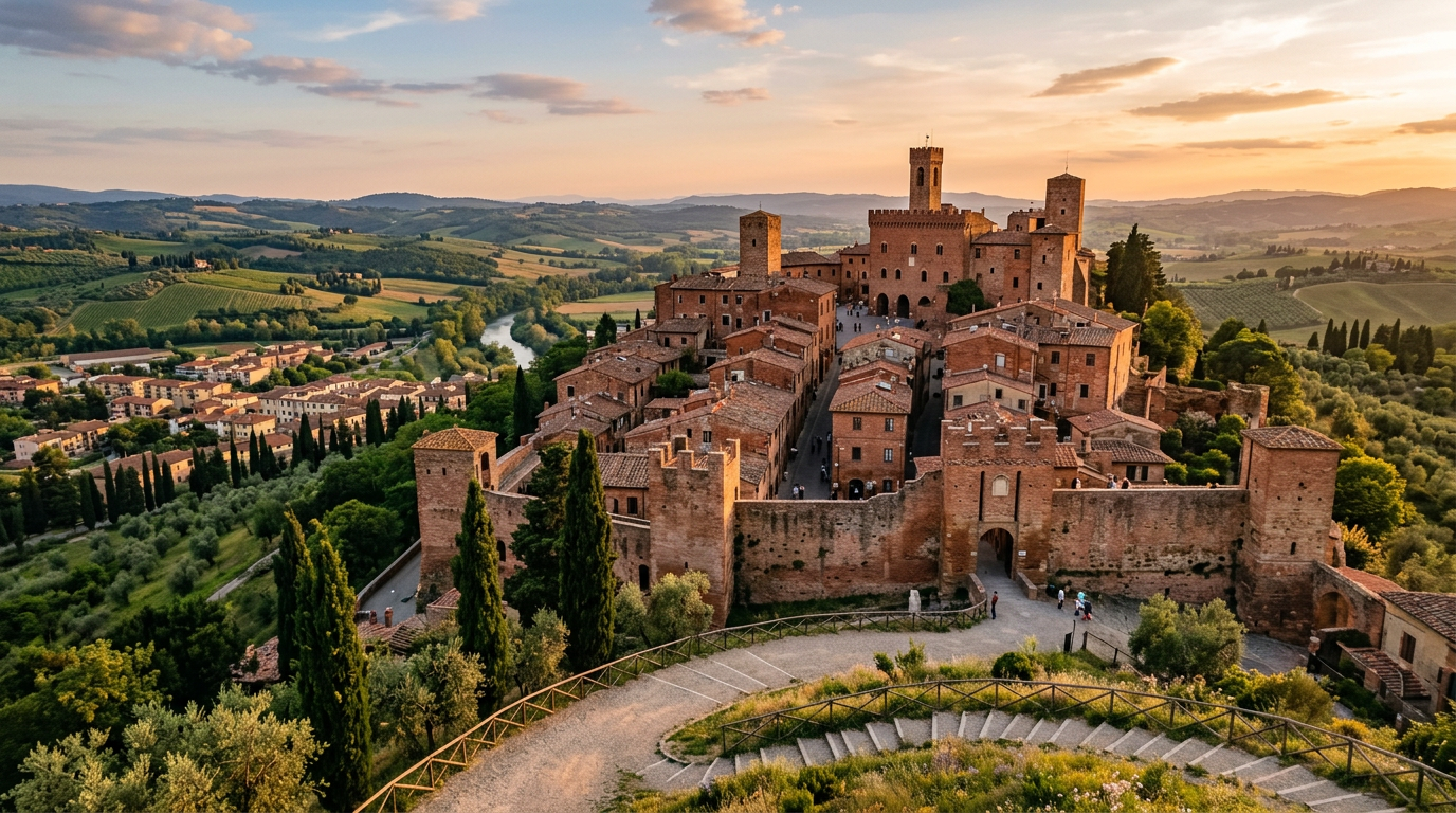 Il borgo alto di Certaldo con le torri medievali e le case in mattoni rossi della Val d'Elsa
