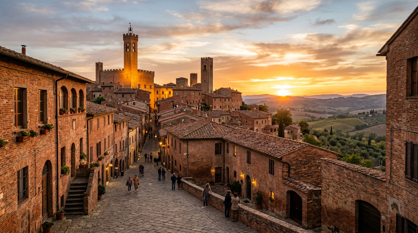 Il borgo medievale di Certaldo Alto con le torri e le case in cotto rosso al tramonto