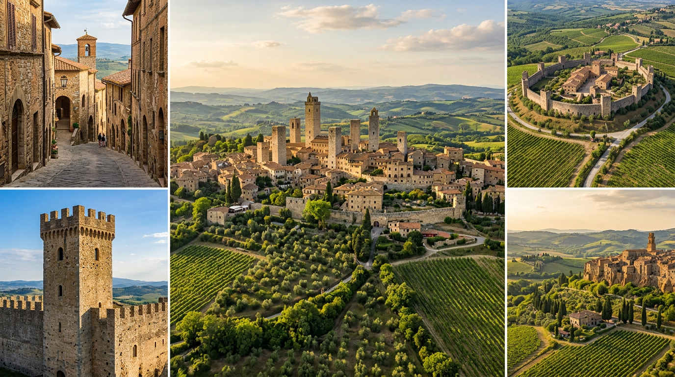 Collage di borghi medievali toscani con torri, mura e paesaggi collinari
