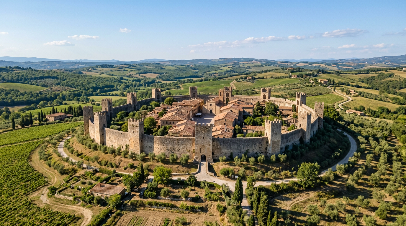 Le mura medievali circolari del Castello di Monteriggioni con le quattordici torri