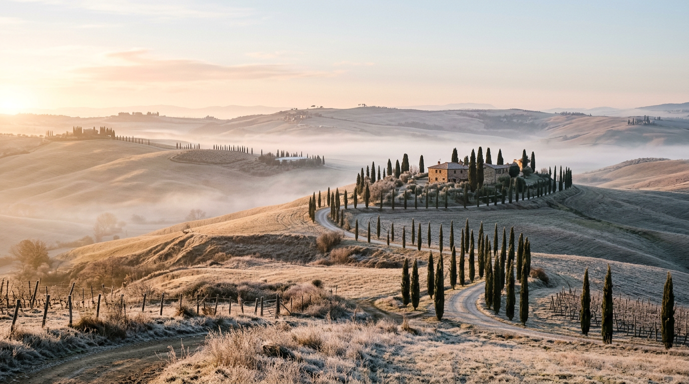 Le colline toscane in inverno con nebbiolina mattutina cipressi e poderi tra i campi dorati e la brina