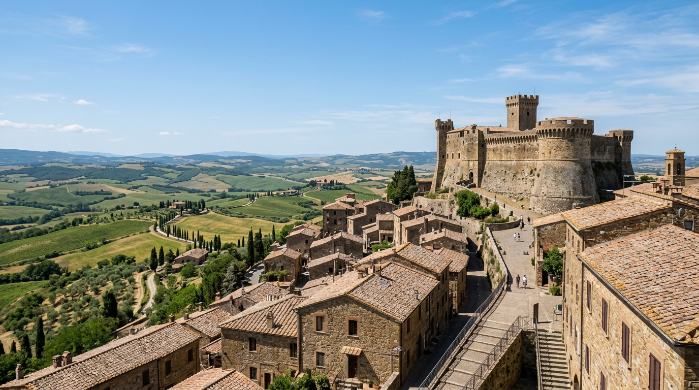 Il borgo di Montalcino con la Fortezza medievale e le colline della Val d'Orcia sullo sfondo
