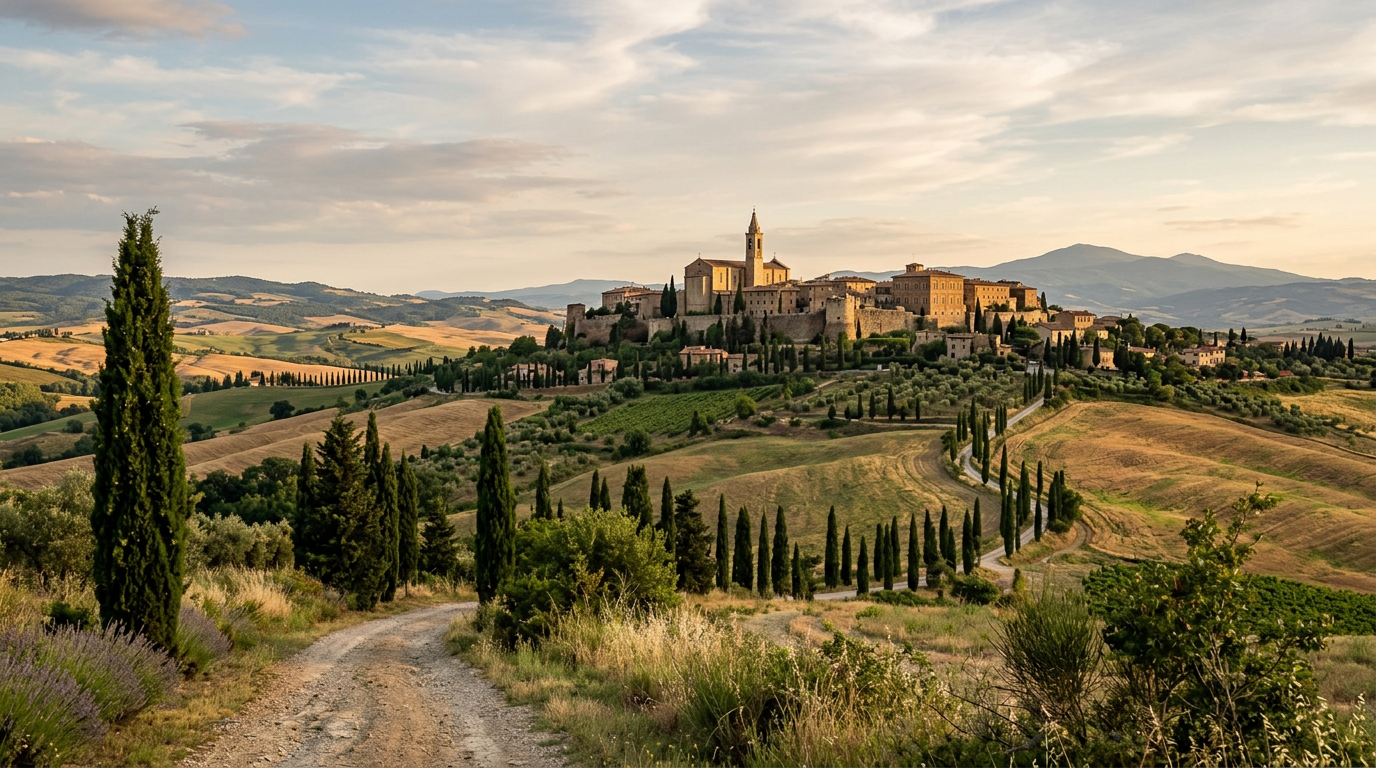 Pienza vista dalla Val d'Orcia con il Duomo rinascimentale e le colline toscane