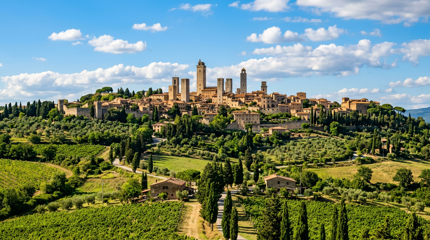 Le torri medievali di San Gimignano viste dalla campagna toscana
