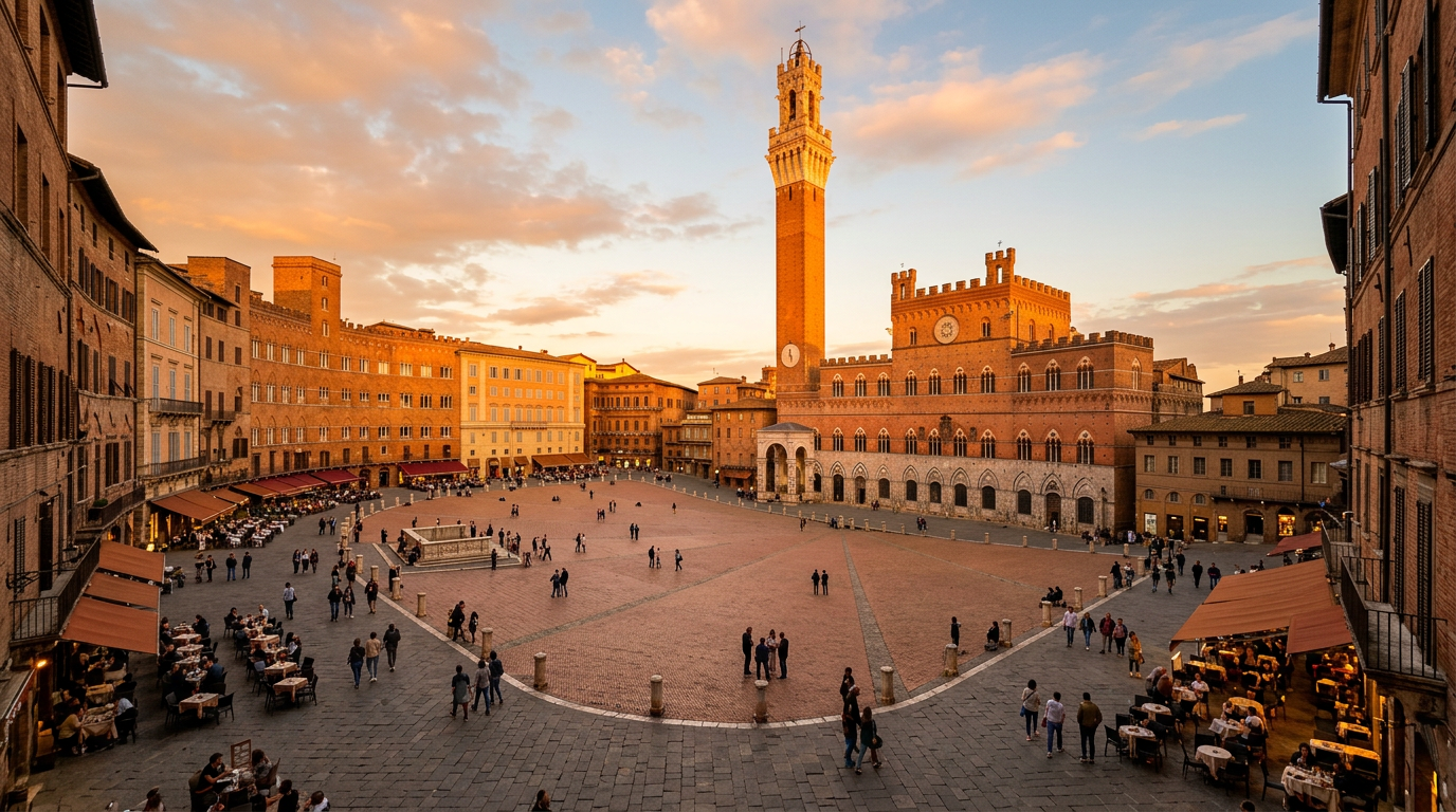 Piazza del Campo di Siena con la Torre del Mangia al tramonto
