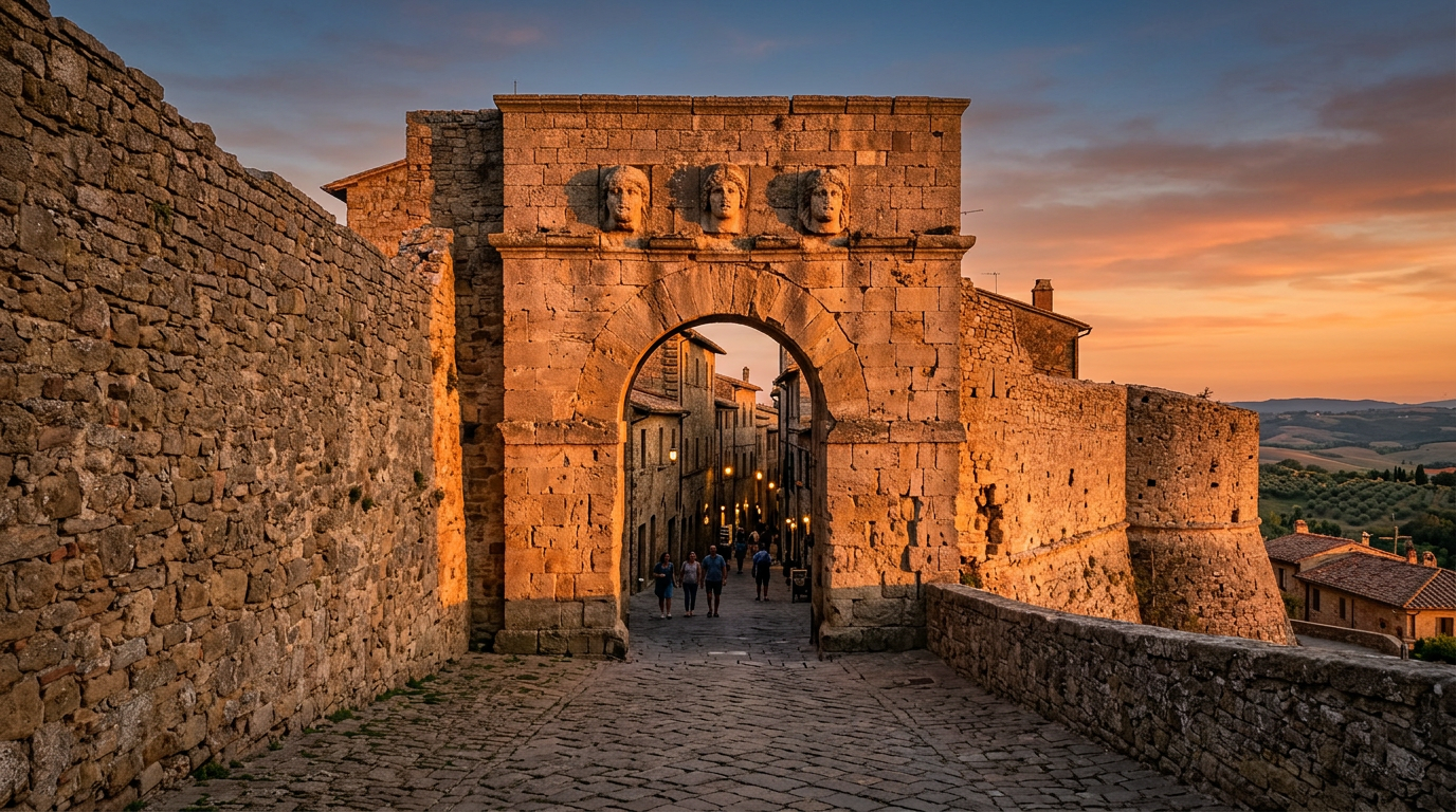Le mura etrusche di Volterra con la Porta all'Arco medievale al tramonto