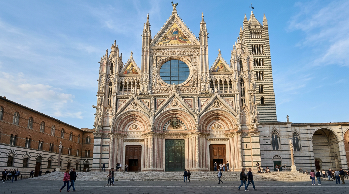 La facciata del Duomo di Siena in marmo bianco e verde con i mosaici e le sculture