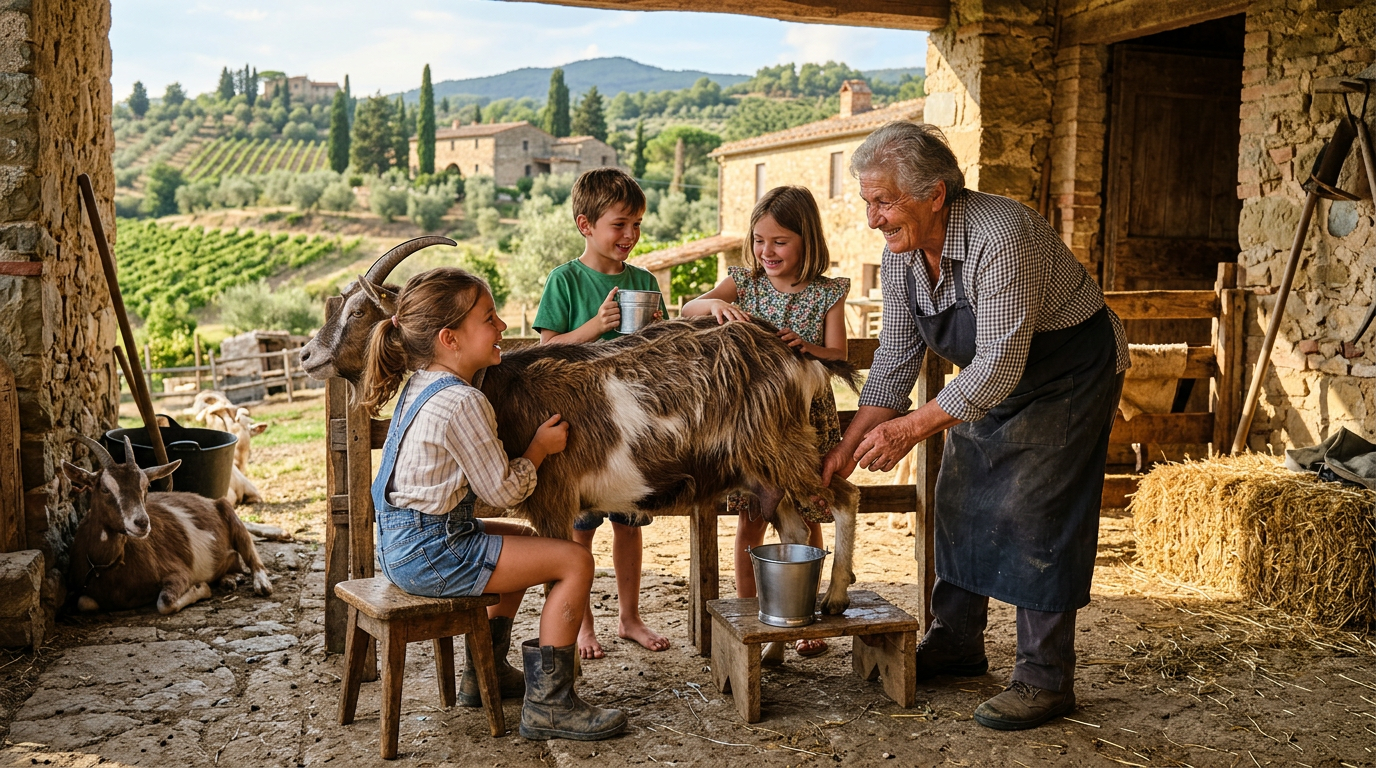Bambini in una fattoria didattica toscana che imparano a mungere le capre con la guida di un contadino