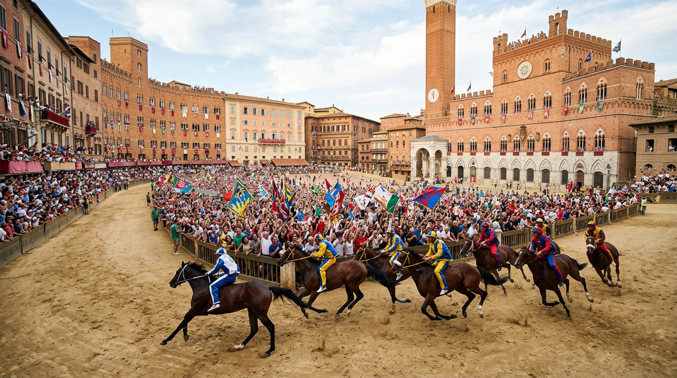 Piazza del Campo a Siena durante il Palio con la folla di spettatori e i cavalli in gara