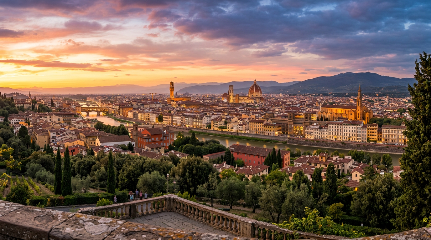 Panorama di Firenze visto dalle colline di Fiesole al tramonto