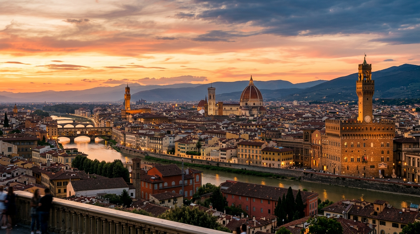 Panorama di Firenze con il Duomo e Palazzo Vecchio al tramonto