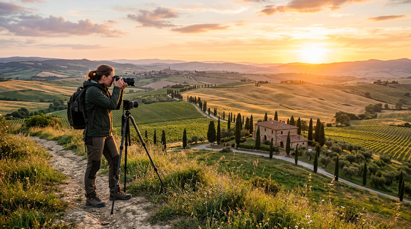 Fotografo al tramonto su una collina toscana con vista su cipressi vigneti e un antico podere
