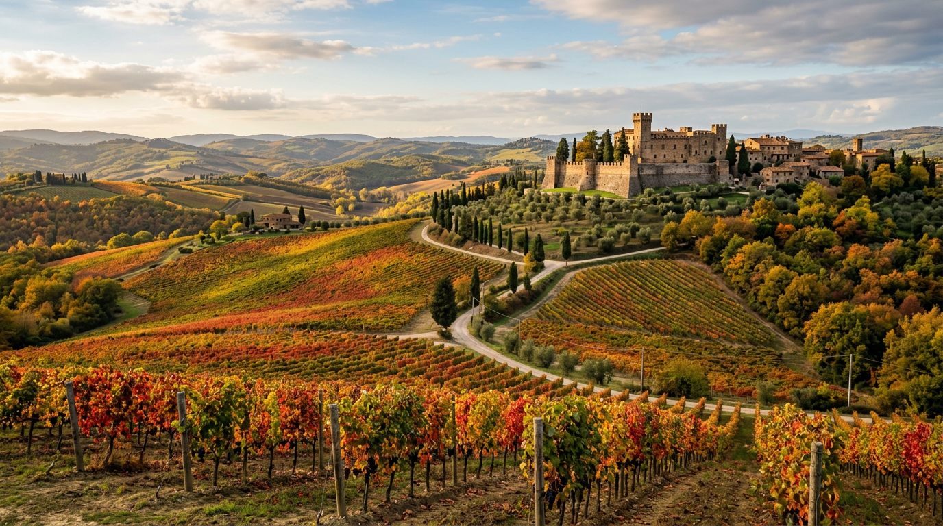 Le colline del Chianti con vigneti autunnali e un castello medievale sullo sfondo