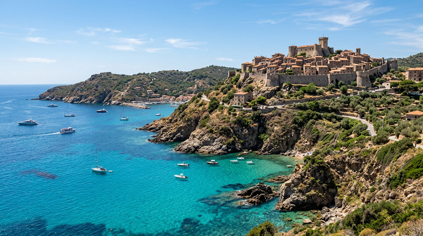 L'Isola del Giglio con le sue acque cristalline turchesi e il borgo di Giglio Castello sulle alture