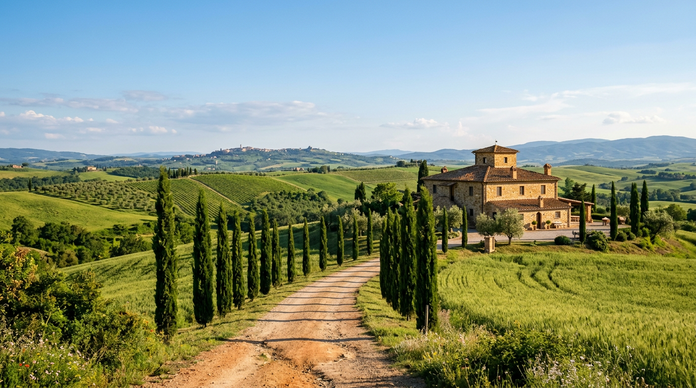 Panorama della Toscana con cipressi, vigneti e un antico podere sulle colline della Val d'Orcia