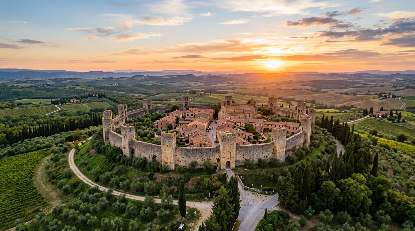 La cinta muraria di Monteriggioni con le quattordici torri medievali sulle colline toscane al tramonto