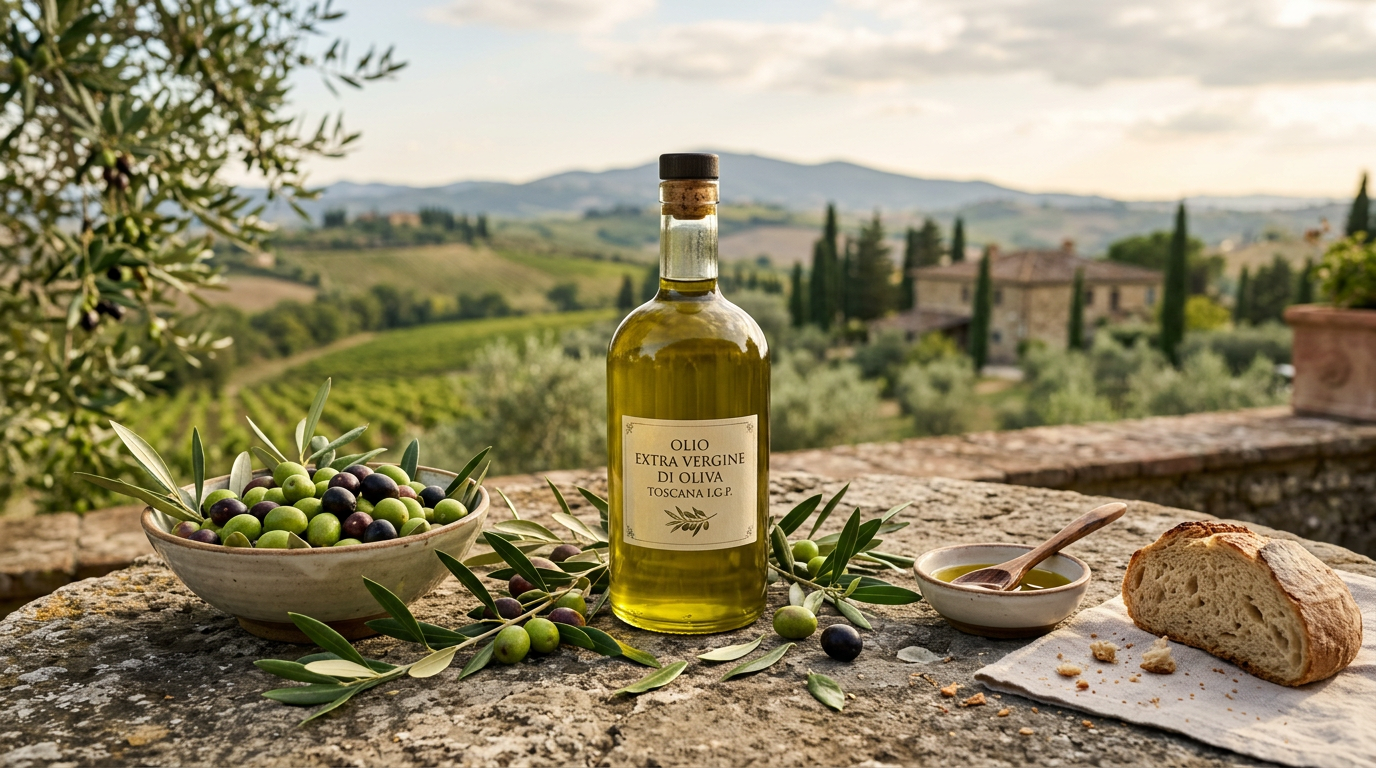 Bottiglia di olio extravergine d'oliva toscano con olive verdi e foglie su un tavolo di pietra in Toscana