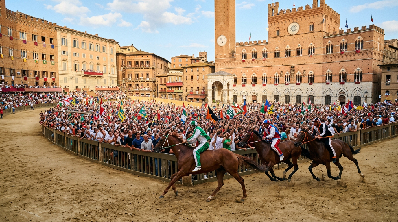 Il Palio di Siena in Piazza del Campo con i cavalli in corsa e il pubblico sulle tribune