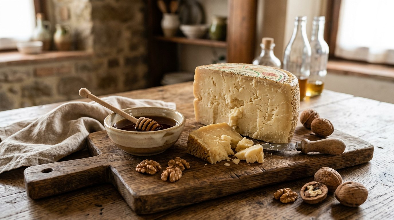 Forme di Pecorino Toscano DOP stagionato su un tagliere di legno rustico con miele e noci