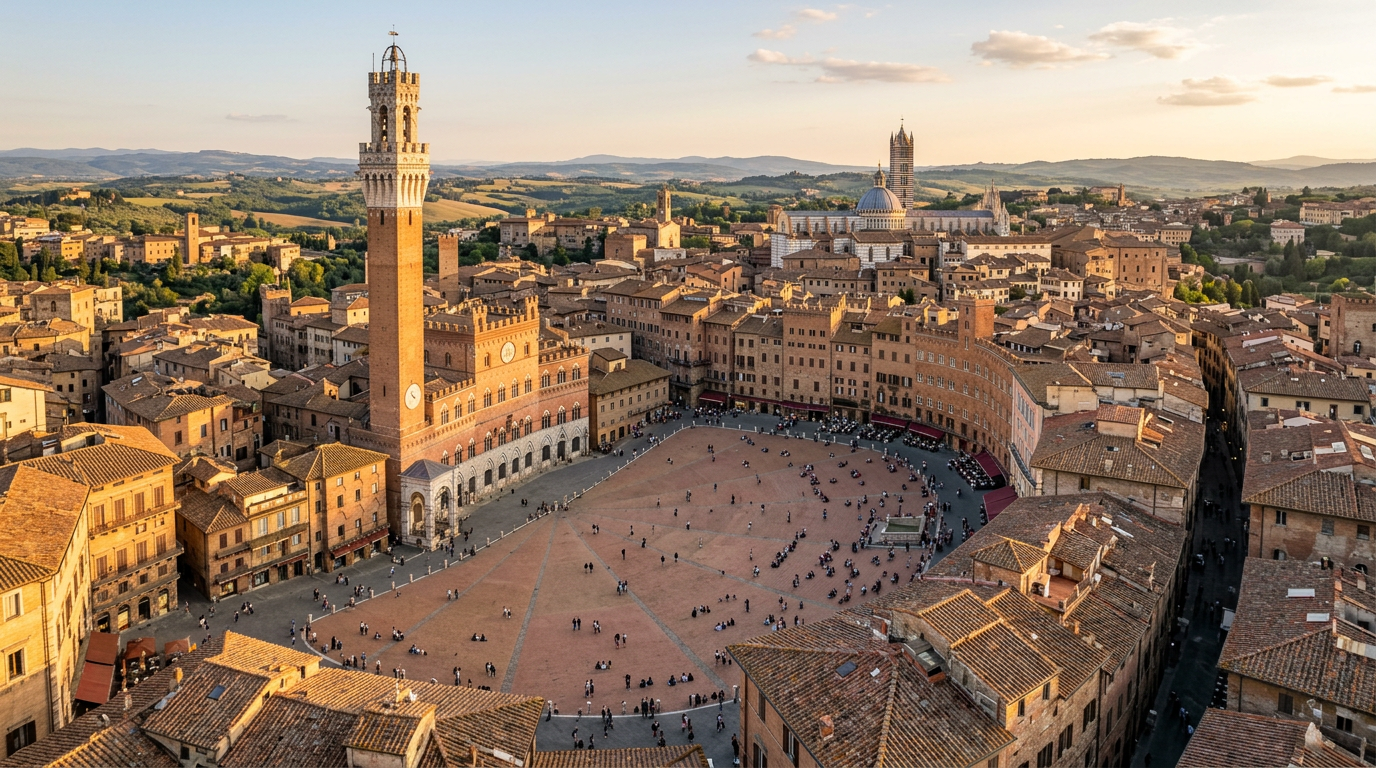 Piazza del Campo di Siena vista dall'alto con la Torre del Mangia e i palazzi medievali