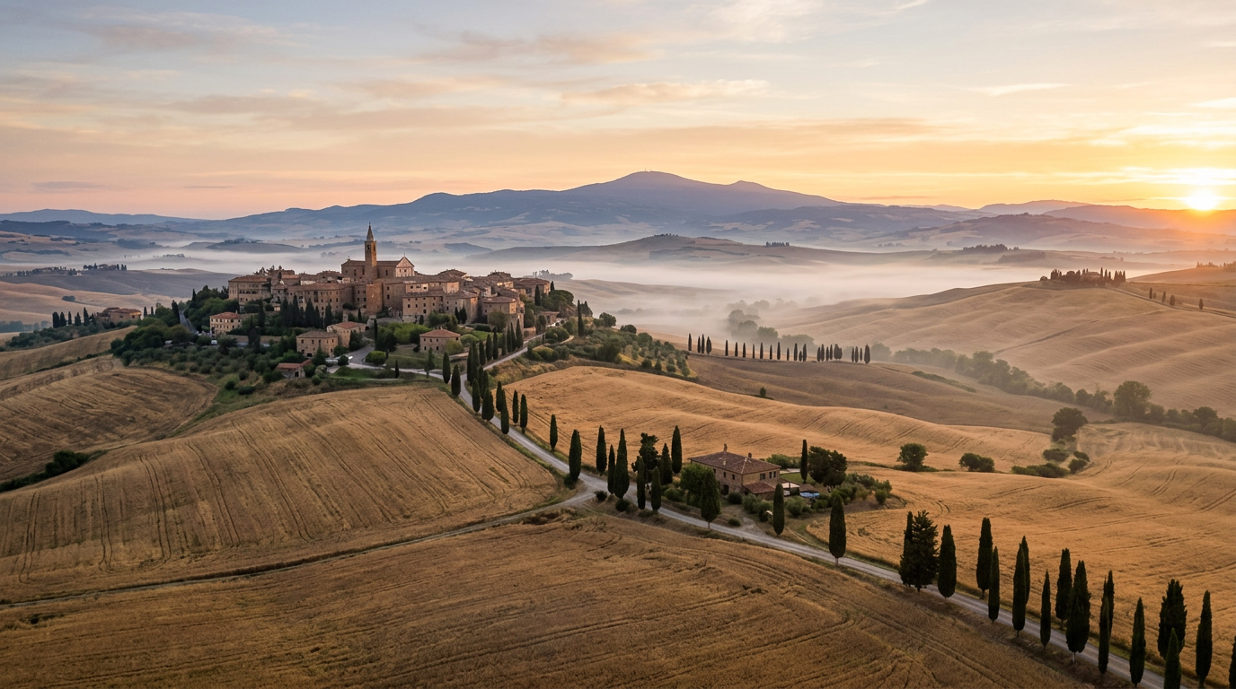 Panorama della Val d'Orcia con Pienza arroccata sulla collina tra cipressi e campi dorati all'alba