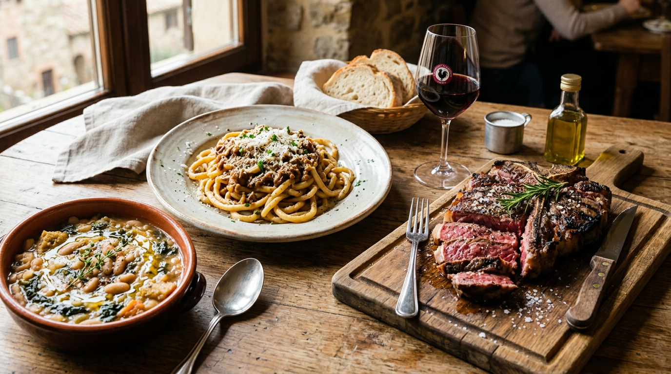 Piatti tipici della cucina toscana: pici, ribollita e bistecca fiorentina su un tavolo rustico con vino rosso