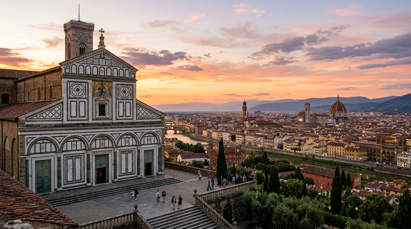 Basilica di San Miniato al Monte a Firenze con il panorama della citta sullo sfondo
