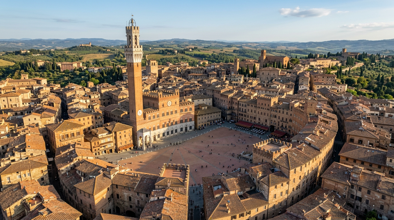 Veduta aerea di Siena con Piazza del Campo e le torri medievali