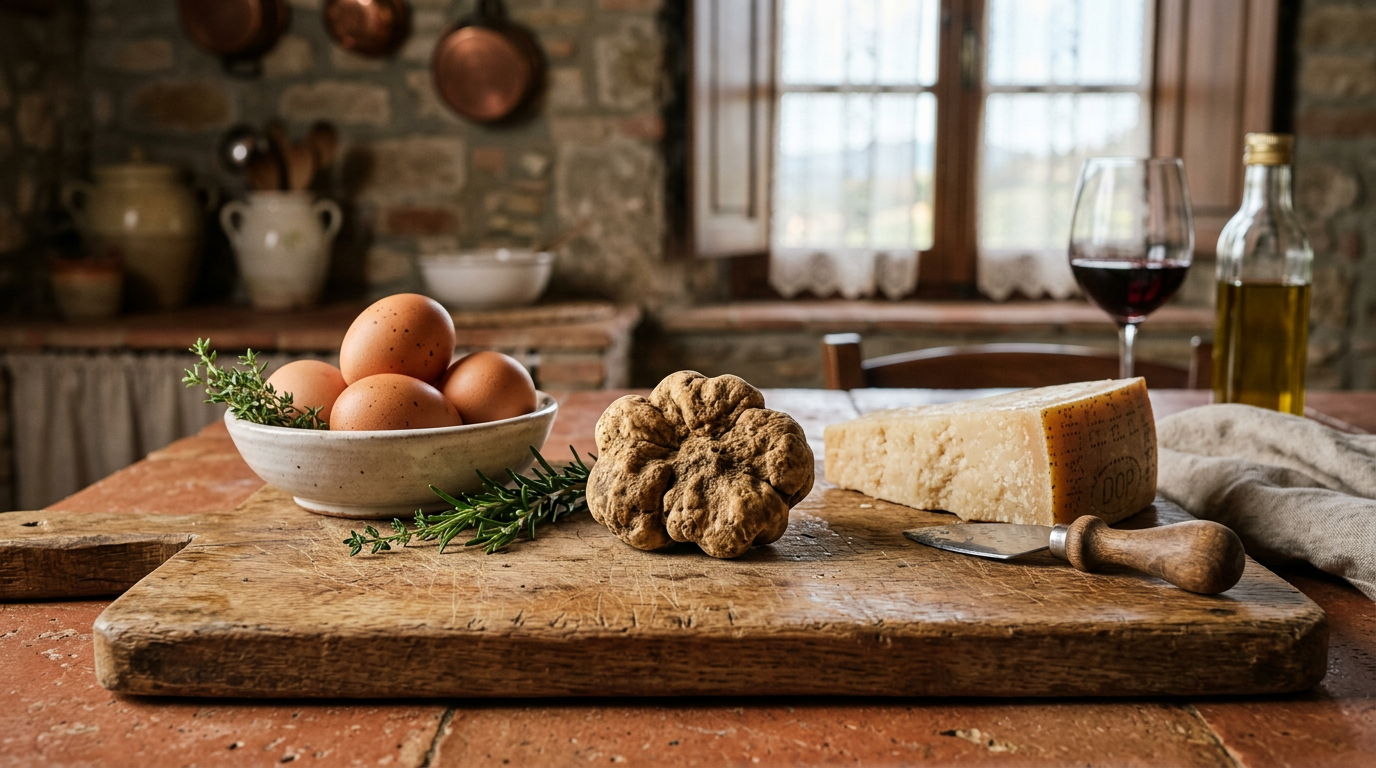 Tartufo bianco pregiato toscano su un tagliere di legno con uova e parmigiano in una cucina rustica