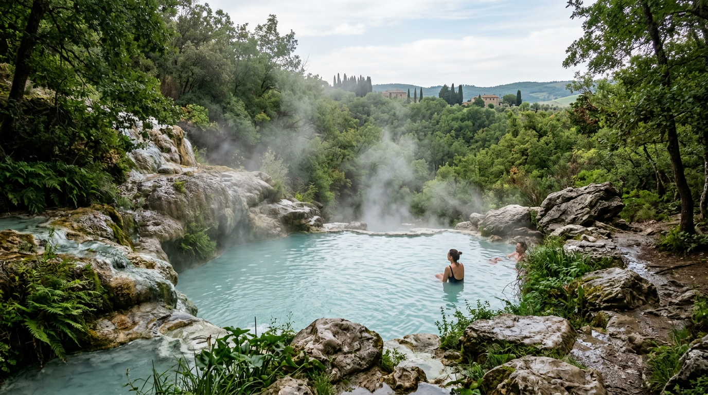 Piscina termale naturale in Toscana con vapore che sale dalle acque calde tra la vegetazione