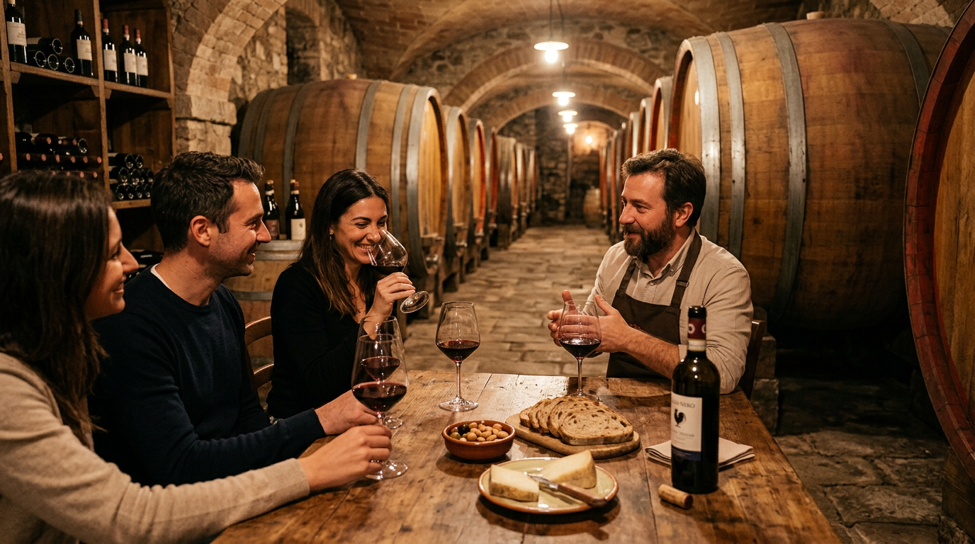 Degustazione di vini toscani in una cantina tra botti di rovere e calici di Chianti Classico