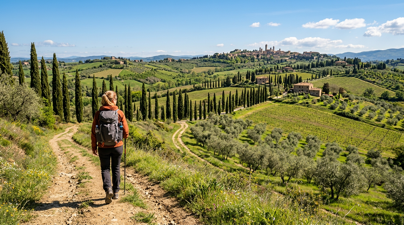 Camminatore su un sentiero tra cipressi e ulivi nelle colline toscane in una giornata di sole primaverile