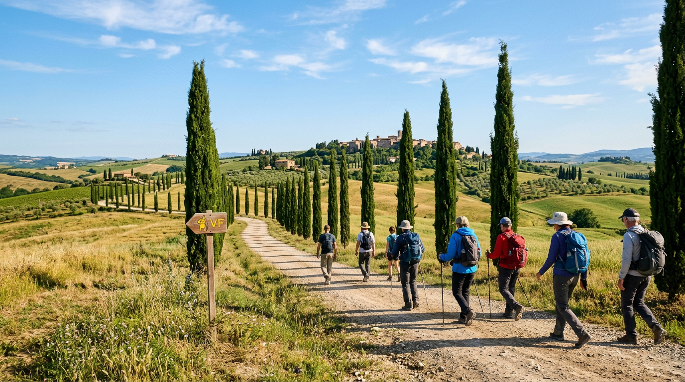 Pellegrini sulla Via Francigena in Toscana tra colline e cipresseti nel paesaggio senese