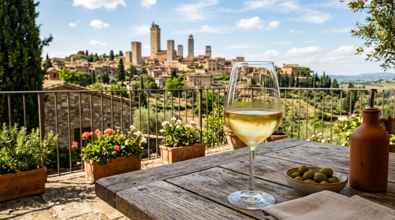 Calice di Vernaccia di San Gimignano bianco dorato con le torri medievali di San Gimignano sullo sfondo