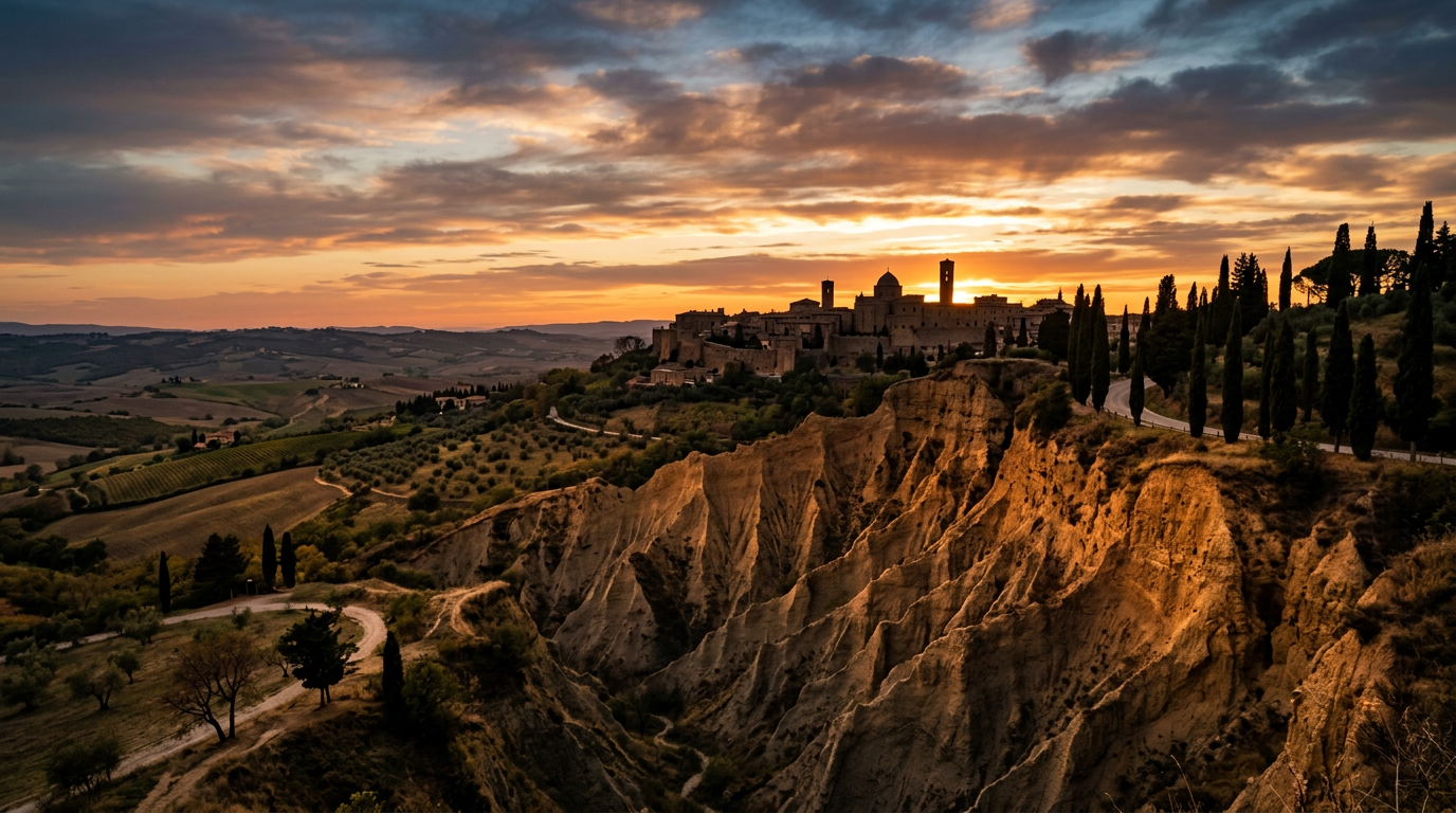 Le Balze di Volterra al tramonto con la citta medievale sullo sfondo e cipressi toscani