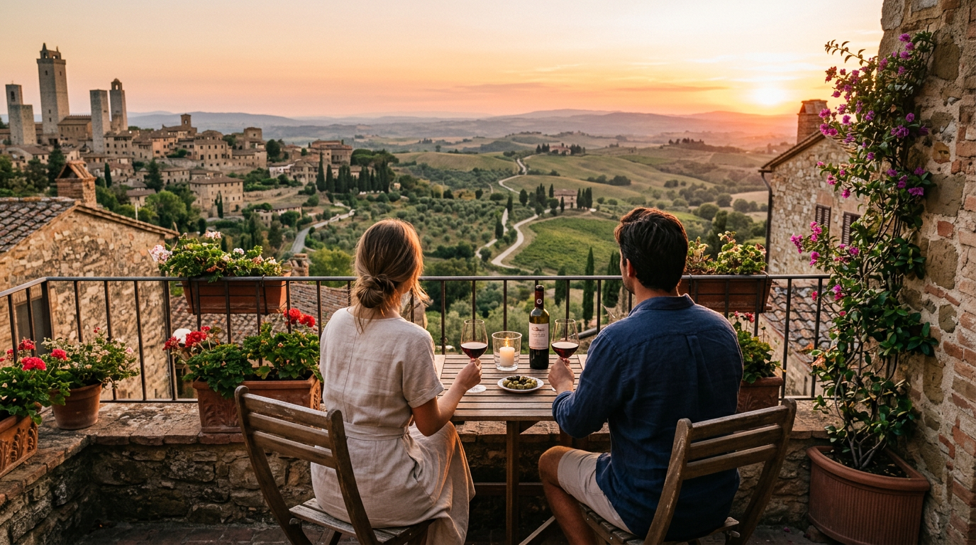 Coppia al tramonto su una terrazza di un borgo medievale toscano con calici di vino rosso e vista sulle colline